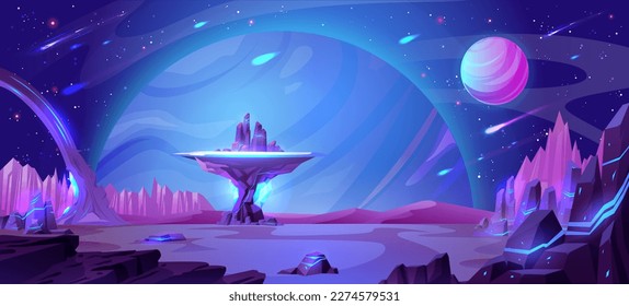 Alien planet surface with neon color stones and meteor shower in night sky. Vector cartoon illustration of space adventure game background with stone platform, stars and asteroids flying in cosmos