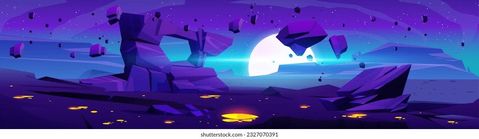 Alien planet surface with stones and puddles of yellow substance on ground. Vector cartoon illustration of dark rocky landscape, moon, stars, rocks floating in night sky. Adventure game background