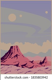 Alien Planet Surface, Volcano, Mountains, Sky and Planes, Retro Future Space Tourism Posters Background 