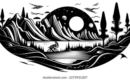 Alien planet vector black line illustration isolated white. Sketch art