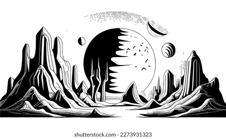 Alien planet vector black line illustration isolated white. Sketch art