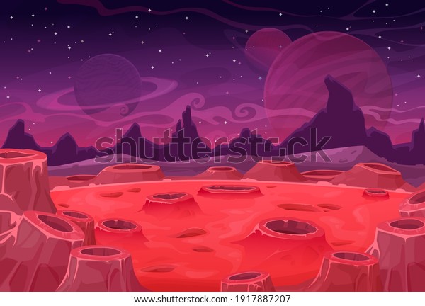 Alien planet vector landscape, red Mars land\
surface with craters and Saturn or Jupiter in purple starry sky.\
Fantasy nature background, martian extraterrestrial computer game\
scene, cartoon backdrop