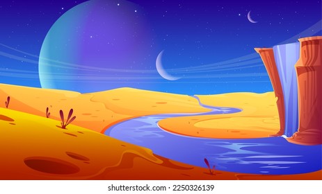 Alien planet with waterfall and desert river. Vector cartoon illustration of sandy landscape, water flowing from rocky mountain against night sky with moon and stars. Cosmic game background design