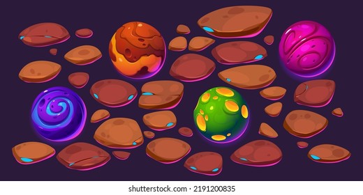 Alien planets, asteroids, stones and rock rubbles. Vector cartoon set of unusual futuristic planets, cobblestones, brown smooth boulders isolated on background