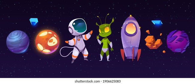 Alien planets, astronaut, funny extraterrestrial and rocket on background of outer space. Vector cartoon set of spaceship, cosmonaut and green alien character in cosmos