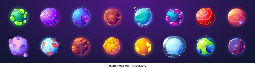 Alien planets, cartoon fantastic asteroids, galaxy ui game cosmic world objects, space design elements. Pimpled spheres, comets, moon with craters, glow plasma and lava, Vector illustration, icons set