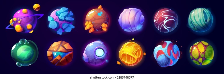 Alien planets colorful cartoon set. Creative vector illustration of fantastic cosmic objects with rocks, craters, cracks. Funny collection of space game level symbols glowing isolated on background