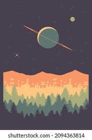 Alien Planets, Extraterrestrial Landscape, Retro Future Style Illustration, Forest, Future City, Mountains and Sky