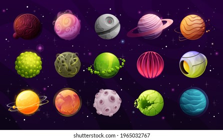 Alien planets, galaxy fantasy worlds cartoon icons. Artificial planet, satellite with hot and rocky surface, extraterrestrial organism, star and fantastic spaceship vector. Game design elements