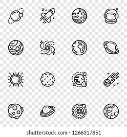 Alien planets icon set. Outline set of alien planets vector icons for web design
