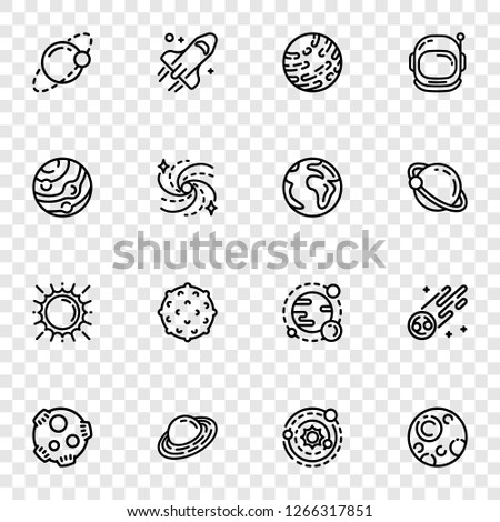 Alien planets icon set. Outline set of alien planets vector icons for web design