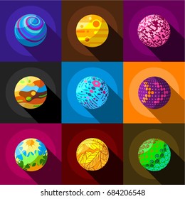Alien planets icons set, flat style