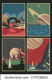 Alien Planets Landscape Set Retro Future Illustrations, Planets, Space Rockets, Skies