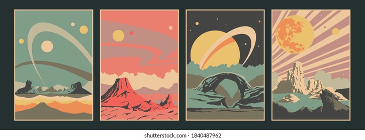 Alien Planets Landscapes, Unknown Worlds Panorama Set, Rocks, Mountains, Planets, Stars