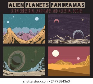 Alien Planets Panoramas. Extraterrestrial Landscapes and Celestial Bodies. Deep Space Planets, Cosmic Illustrations, Mountains, Rocks, Craters, Starry Backgrounds. Astronomy Poster Templates