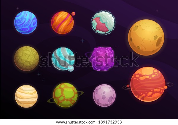 Alien planets vector cartoon set of space game user\
interface, ui or gui design. Fantasy galaxy universe planets and\
stars with craters, asteroids and satellites, orbits, ice crystal\
and meteor rings