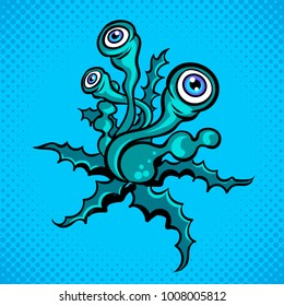Alien plant creature pop art retro vector illustration. Color background. Comic book style imitation.