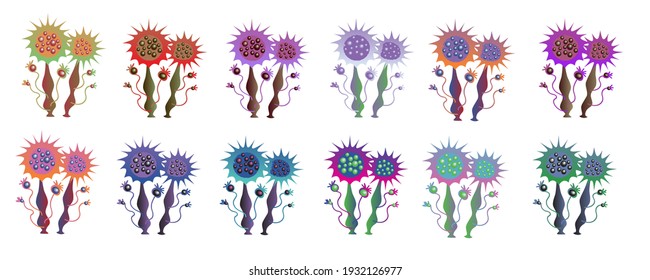 Alien plants of different colors. Space mushroom. Foreign plant. Vector illustration.