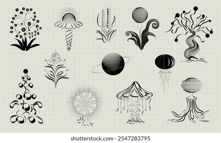 Alien plants. Pencil drawing. A linear, minimalist vector illustration, a set of extraterrestrial flowers and trees. To create a fantastic garden