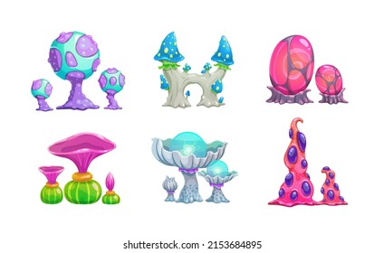 Alien plants set. Beautiful fantasy mushrooms collection. Vector magic unusual nature elements, isolated on white.