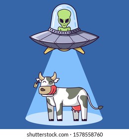 alien plate with green alien kidnap a cow on a farm. flat vector illustration.