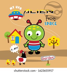 alien play in the garden,funny animal cartoon,vector illustration