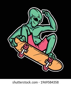 Alien play skateboard vector illustration