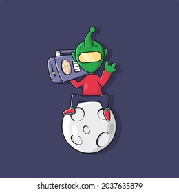 Alien Playing Music with Radio Speaker On Moon Vector Icon Illustration. Ufo Mascot Cartoon Character. Alien Icon Concept Isolated. Flat Cartoon mascot
