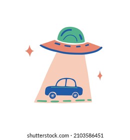 Alien as police kidnap car Driving.Teaching driver.Vector hand drawn flat style.Poster for web, poster print.Funny minimalist style.isolated sticker.School drive safely
