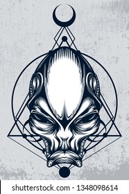 Alien portrait mascot in monochrome style with sacred geometry design. Vector illustration on grunge background. 