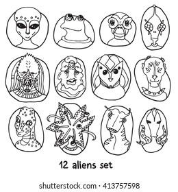 Alien portraits black and white set. Fictional creatures from another planet. Vector cartoon characters. Fantastic space dossier.