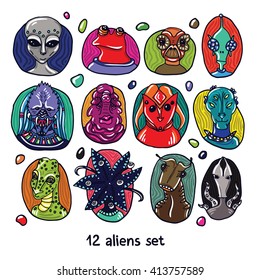 Alien portraits colorful set. Fictional creatures from another planet. Vector cartoon characters. Fantastic space dossier