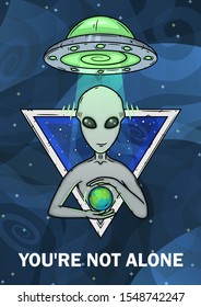 Alien. Poster with alien and a flying saucer