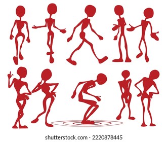 alien postures in burgundy or red color vector illustration