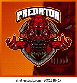 Alien Predator Monster mascot esport logo design illustrations vector template, Devil Ninja logo for team game streamer. full color cartoon style