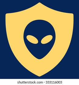 Alien Protection vector icon. Style is flat symbol, yellow color, rounded angles, blue background.