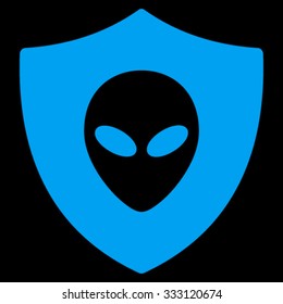 Alien Protection vector icon. Style is flat symbol, blue color, rounded angles, black background.