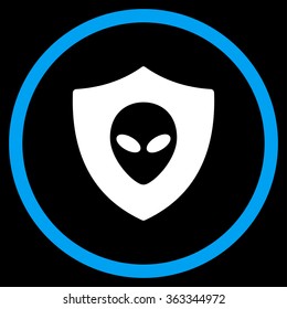 Alien Protection vector icon. Style is bicolor flat circled symbol, blue and white colors, rounded angles, black background.