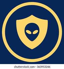 Alien Protection vector icon. Style is flat circled symbol, yellow color, rounded angles, blue background.