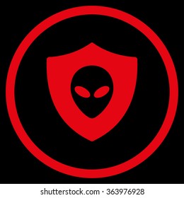 Alien Protection vector icon. Style is flat circled symbol, red color, rounded angles, black background.