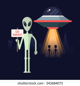 Alien with the protest template against mars colonization. Spaceship and aliens on a back. Fully editable vector. 