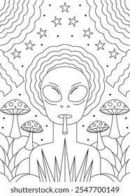 Alien Psychedelic Coloring Page with Stars and Mushrooms