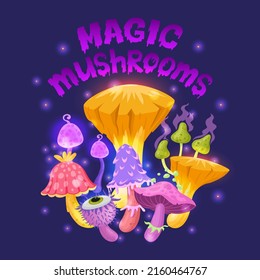 Alien psychedelic mushrooms plants art, fairytale forest mushroom graphic poster. Groovy retro style psychedelic mushroom vector background illustration. Hallucinogenic mushrooms abstract cover