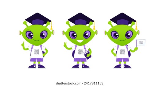 Alien Pupil Character Mascot. Funny Cartoon Alien character mascot student or student for knowledge design, science, learning.Ggraduate student