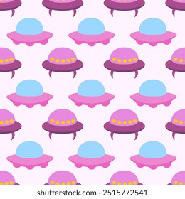 Alien purple spaceship, spacecrafts and UFO Seamless Pattern. Cosmic ship in form saucer for transportation. Children design. Vector cartoon flat illustration.