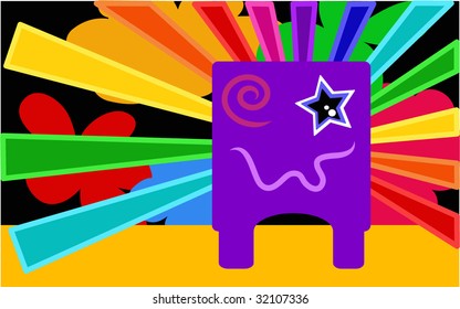 Alien with rainbow background.