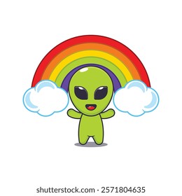 alien with rainbow. mascot cartoon character vector illustration. design element for poster, brochure, web, mascot, sticker, logo and icon.