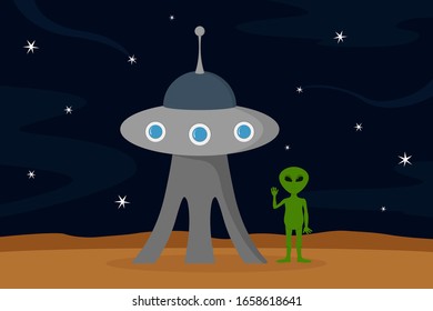Alien with raised hand. Green humanoid. Vector illustration.