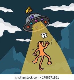 Alien rat kidnap cat in yellow light cartoon vector illustration 