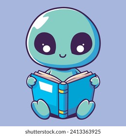 Alien reading a book. Vector illustration in cartoon design